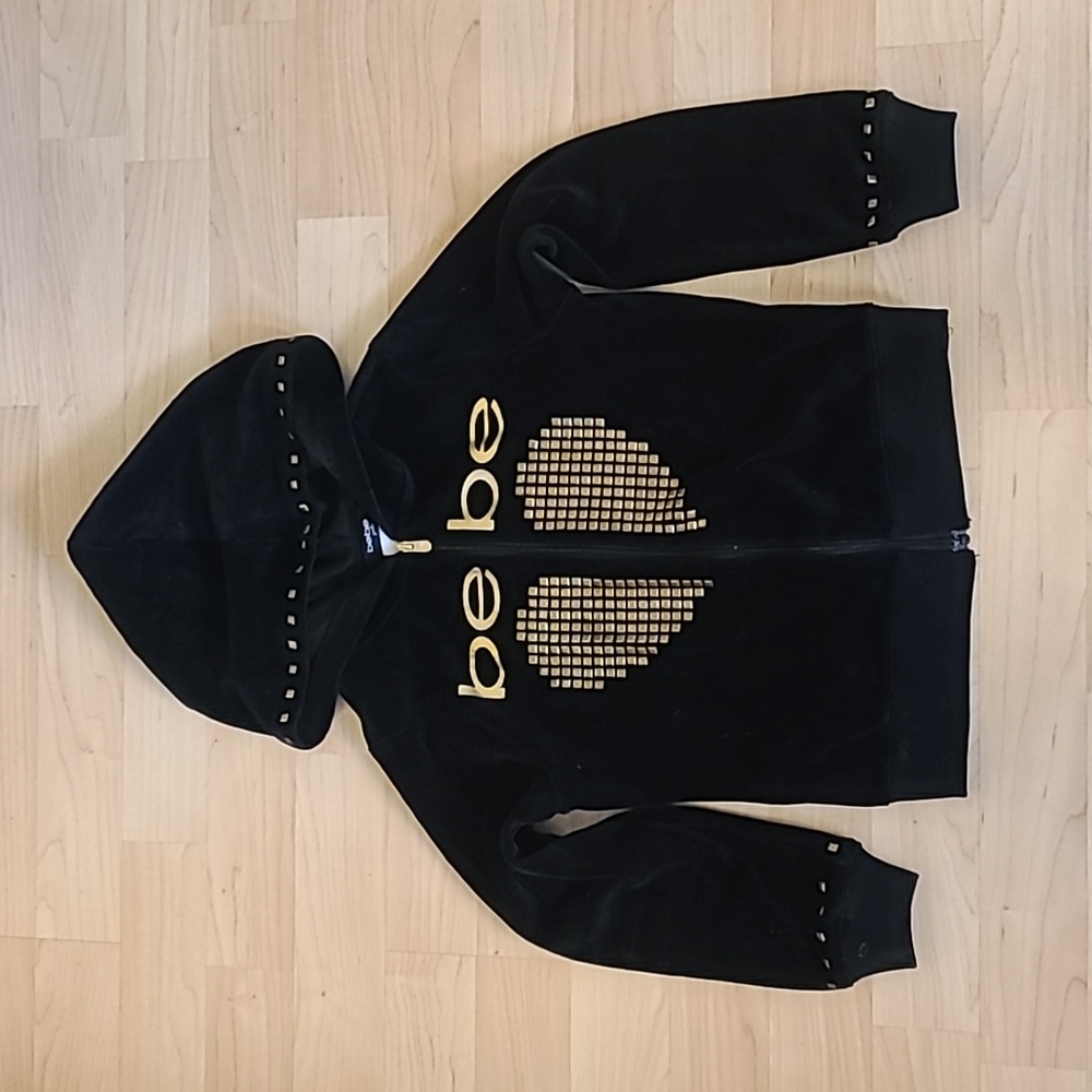 bebe 6X Girls BLACK VELVET HOODIE GOLD BEJEWELED LOGO